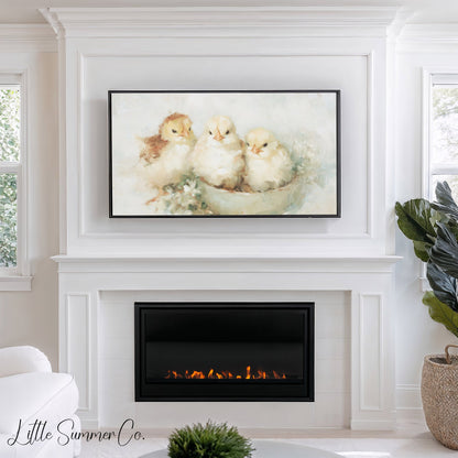 Baby Chicks In Bowl Frame TV Art displayed on a TV