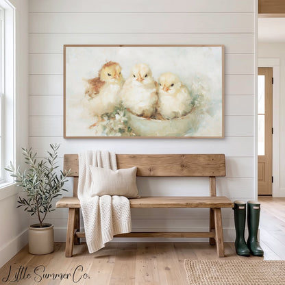 Baby Chicks In Bowl Frame TV Art displayed on a TV