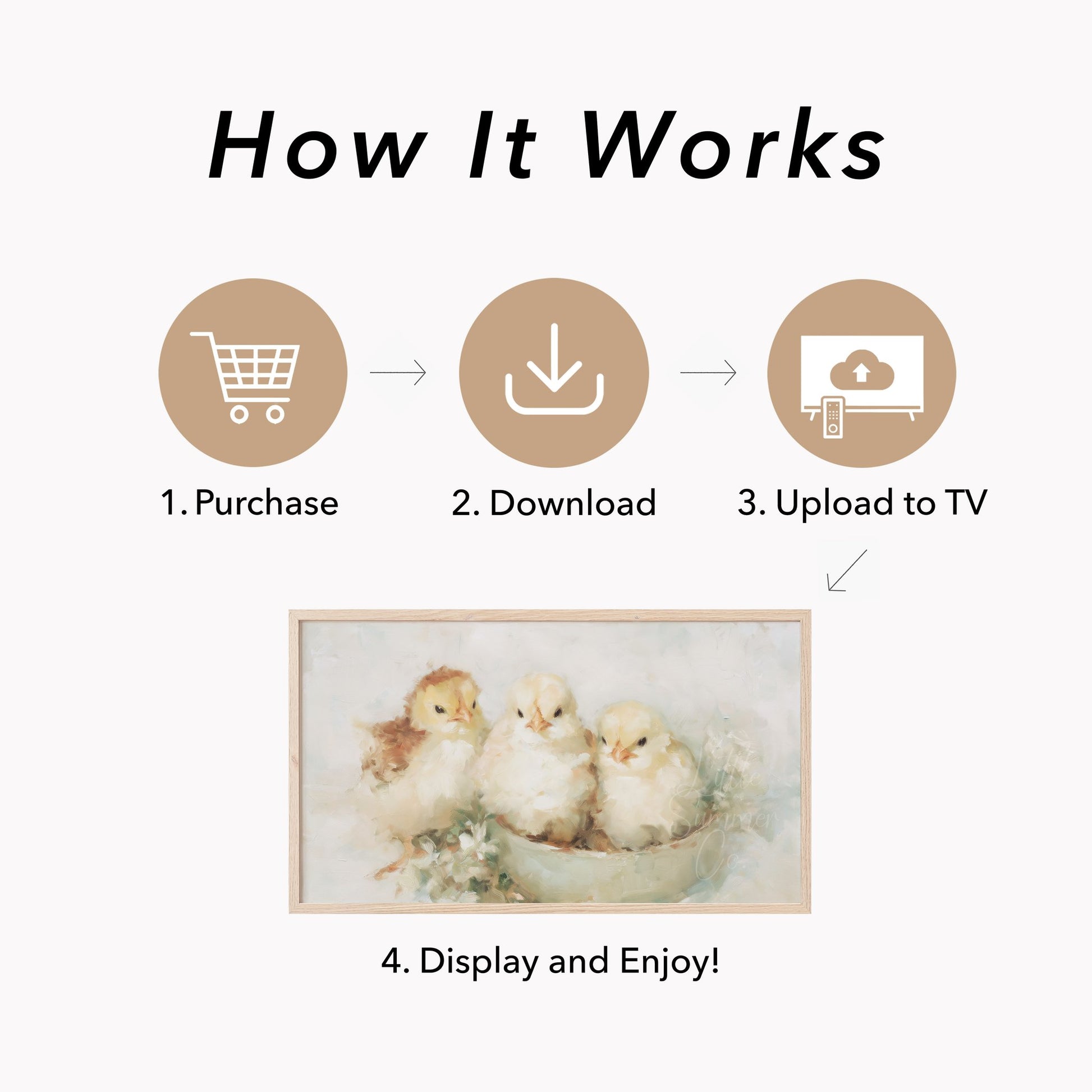 Baby Chicks In Bowl Frame TV Art displayed on a TV