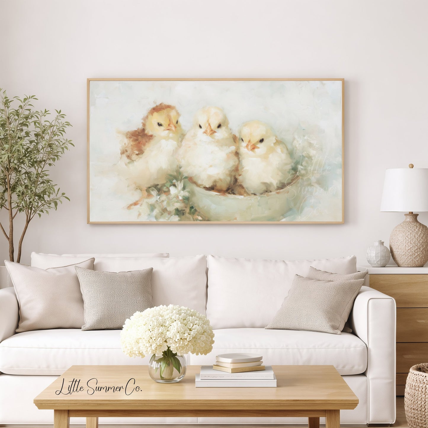 Baby Chicks In Bowl Frame TV Art displayed on a TV