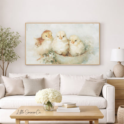 Baby Chicks In Bowl Frame TV Art displayed on a TV