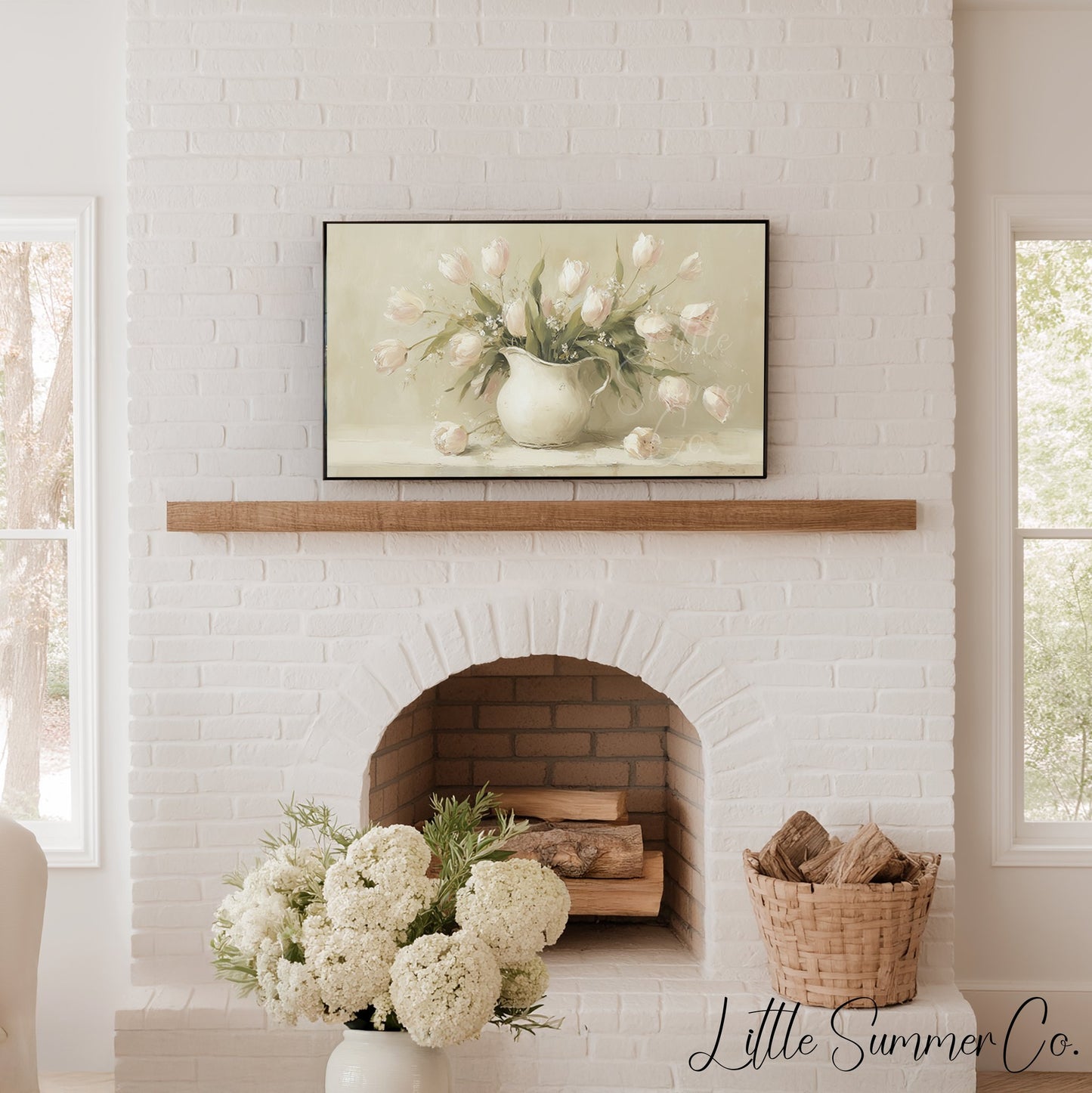 Tulips in White Pitcher Frame TV Art displayed on a TV