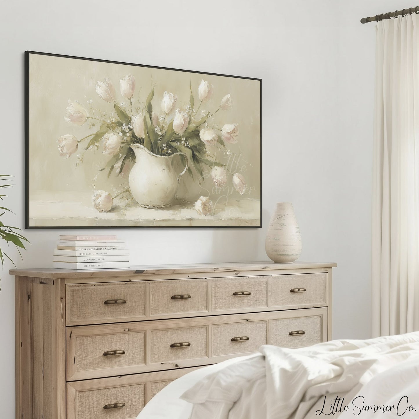 Tulips in White Pitcher Frame TV Art displayed on a TV