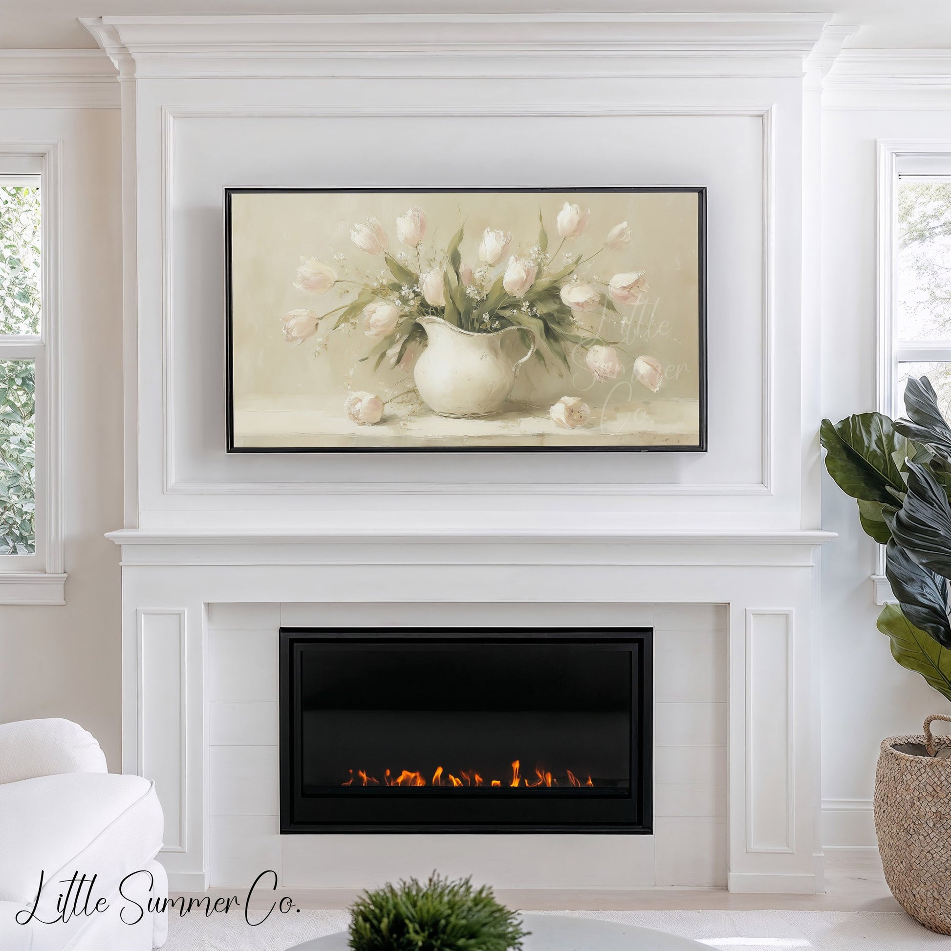 Tulips in White Pitcher Frame TV Art displayed on a TV