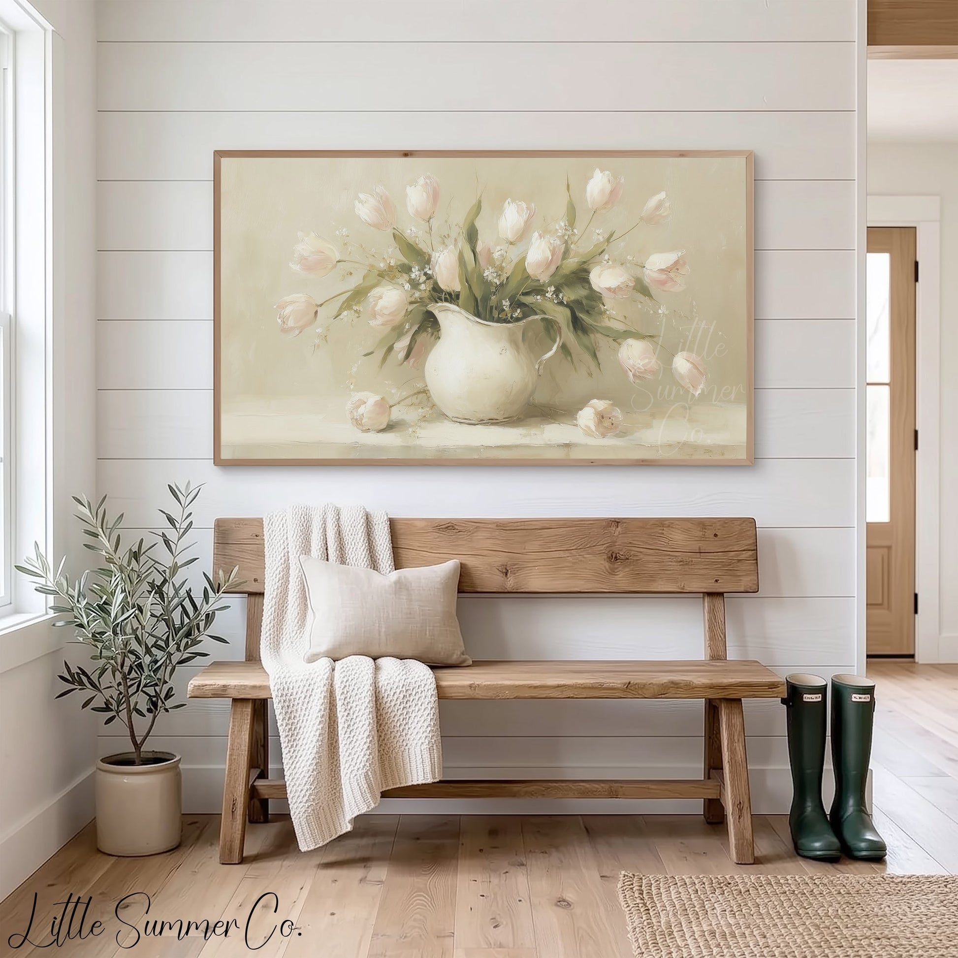 Tulips in White Pitcher Frame TV Art displayed on a TV