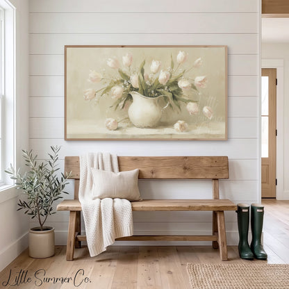 Tulips in White Pitcher Frame TV Art displayed on a TV