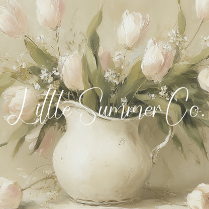 Tulips in White Pitcher Frame TV Art displayed on a TV