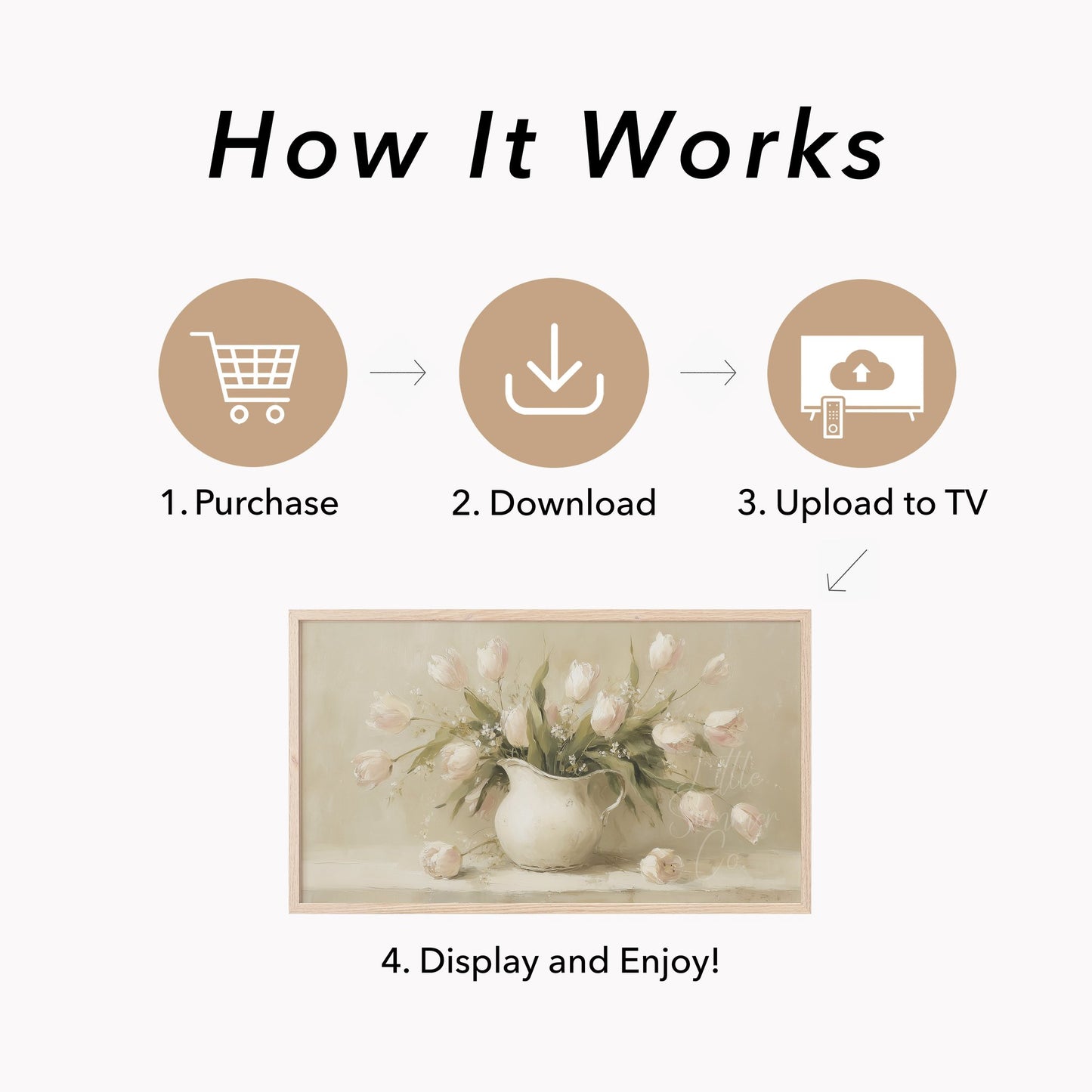 Tulips in White Pitcher Frame TV Art displayed on a TV