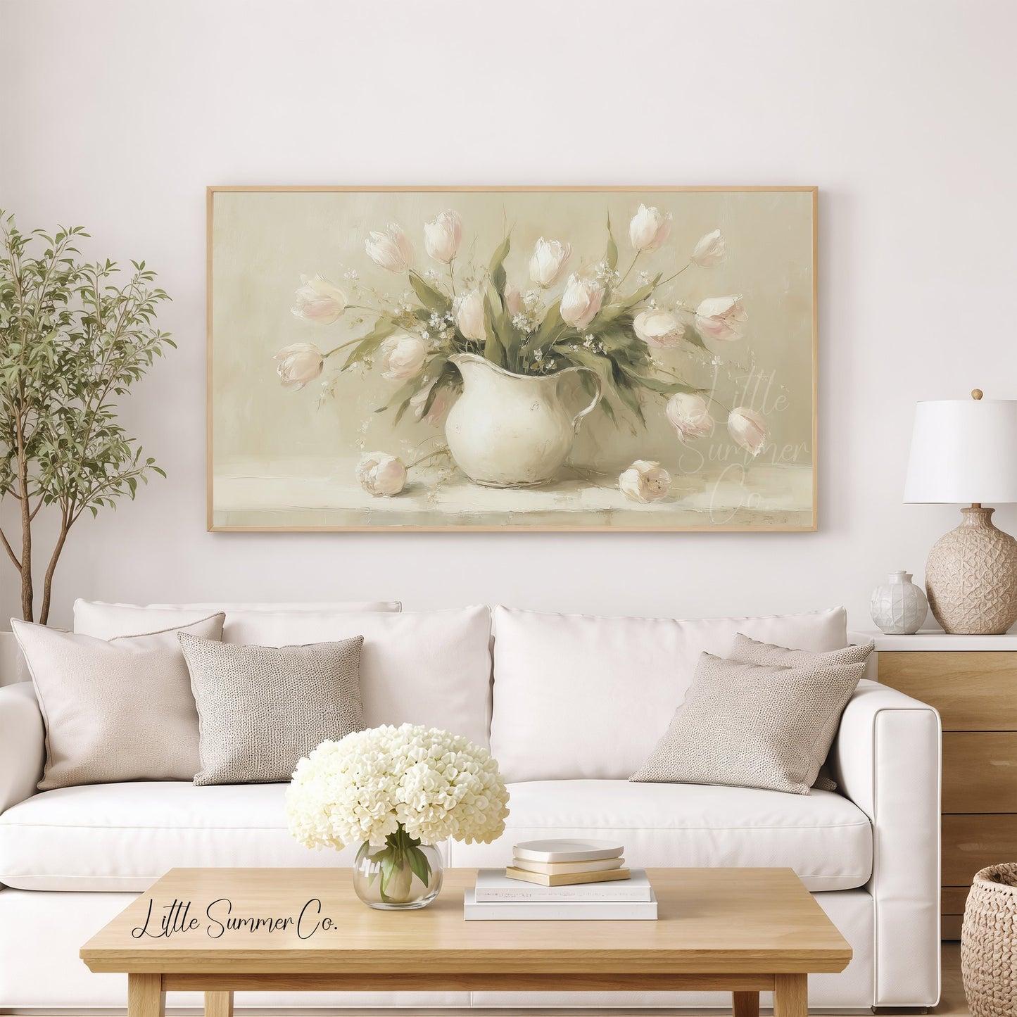 Tulips in White Pitcher Frame TV Art displayed on a TV
