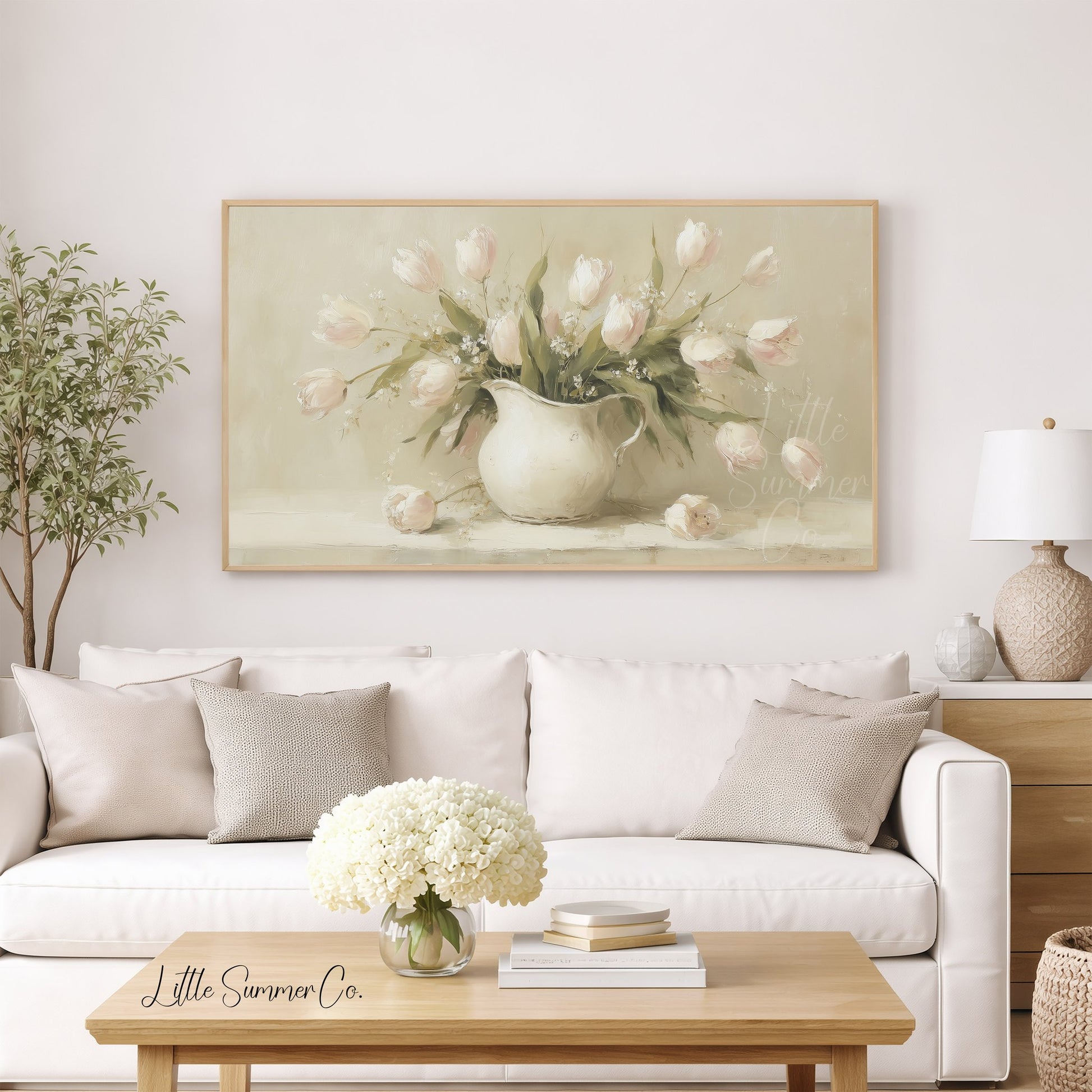 Tulips in White Pitcher Frame TV Art displayed on a TV