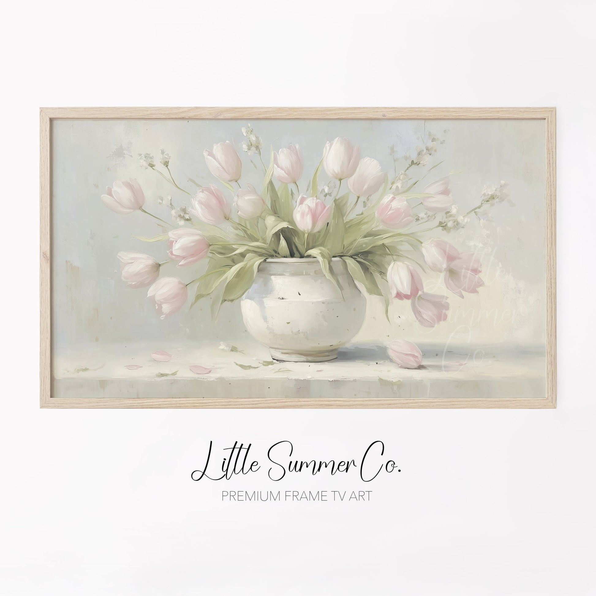 Pink Tulips in White Vase Frame TV Art displayed on a TV