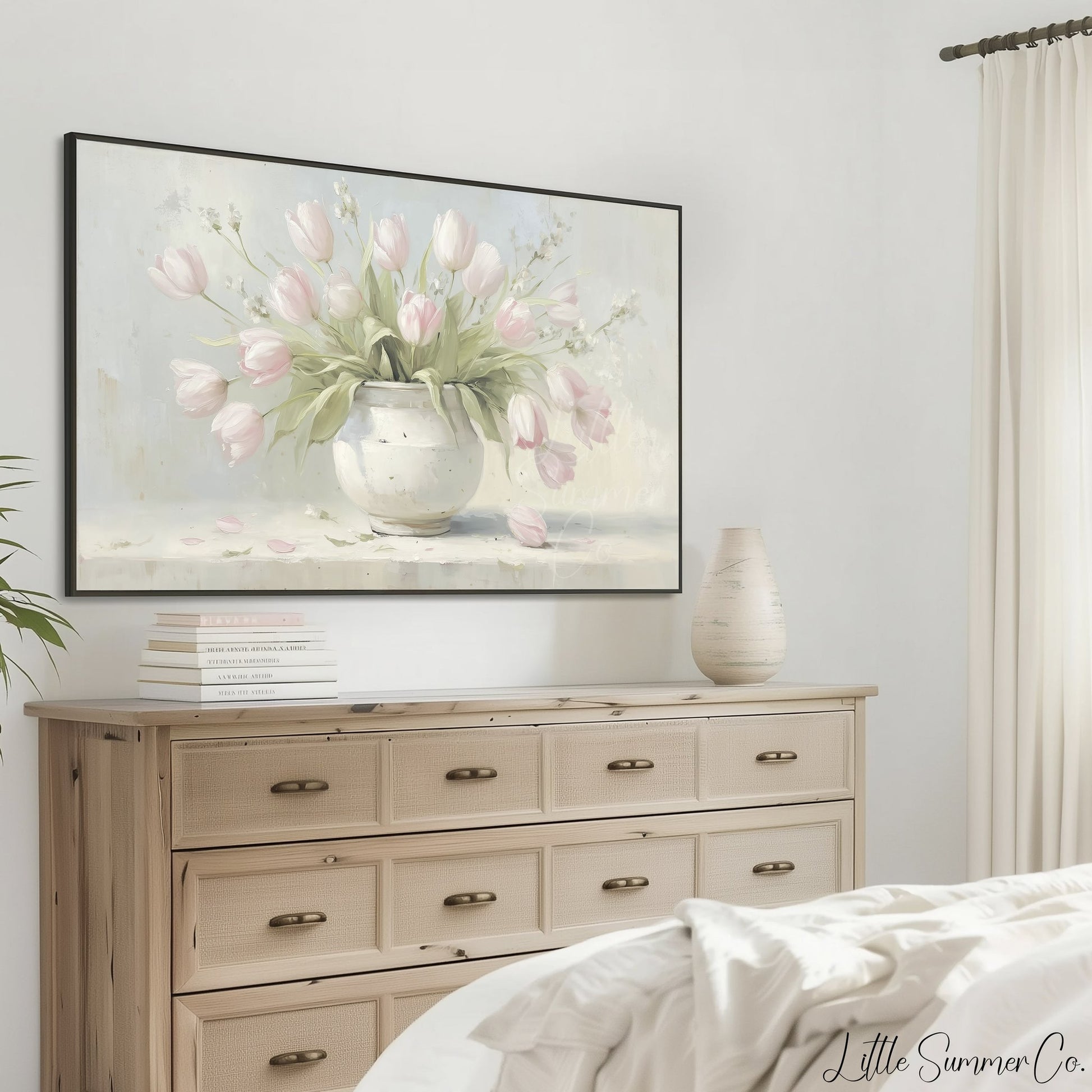 Pink Tulips in White Vase Frame TV Art displayed on a TV
