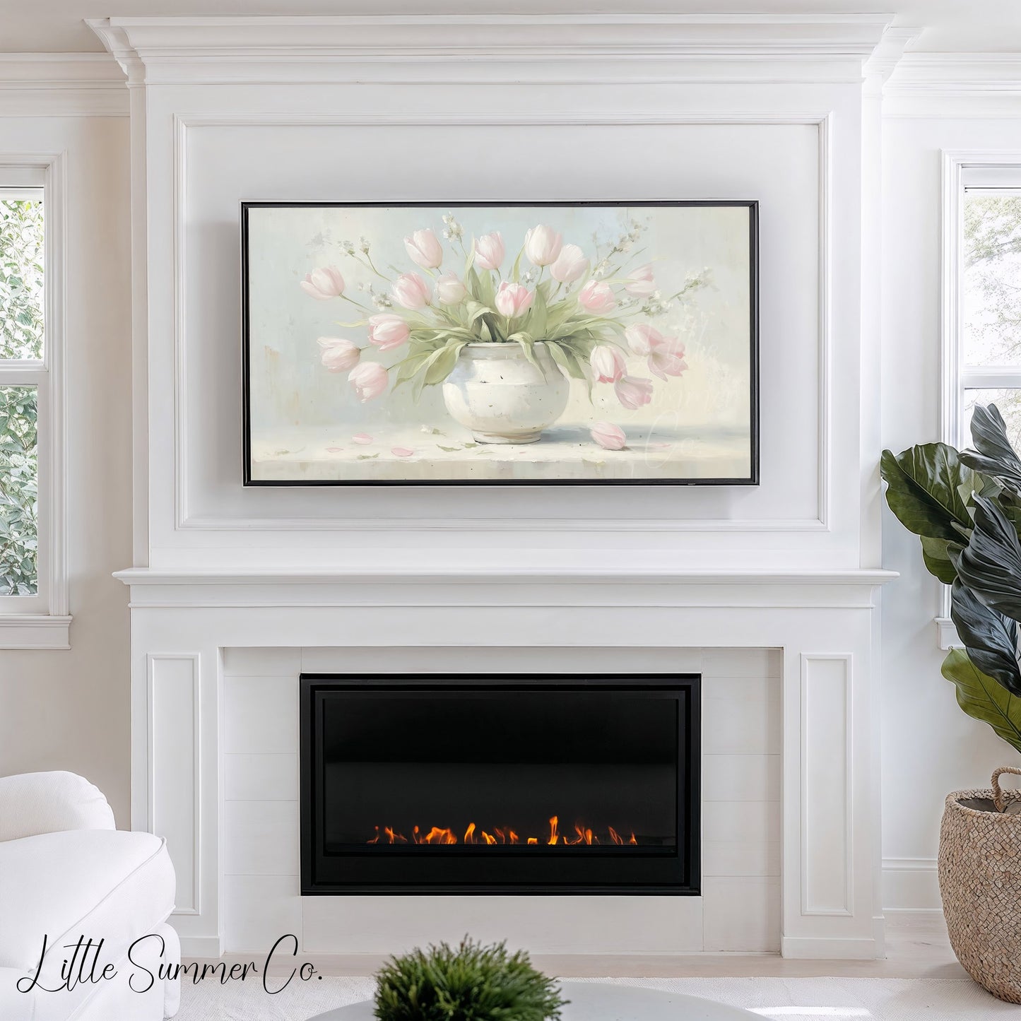 Pink Tulips in White Vase Frame TV Art displayed on a TV