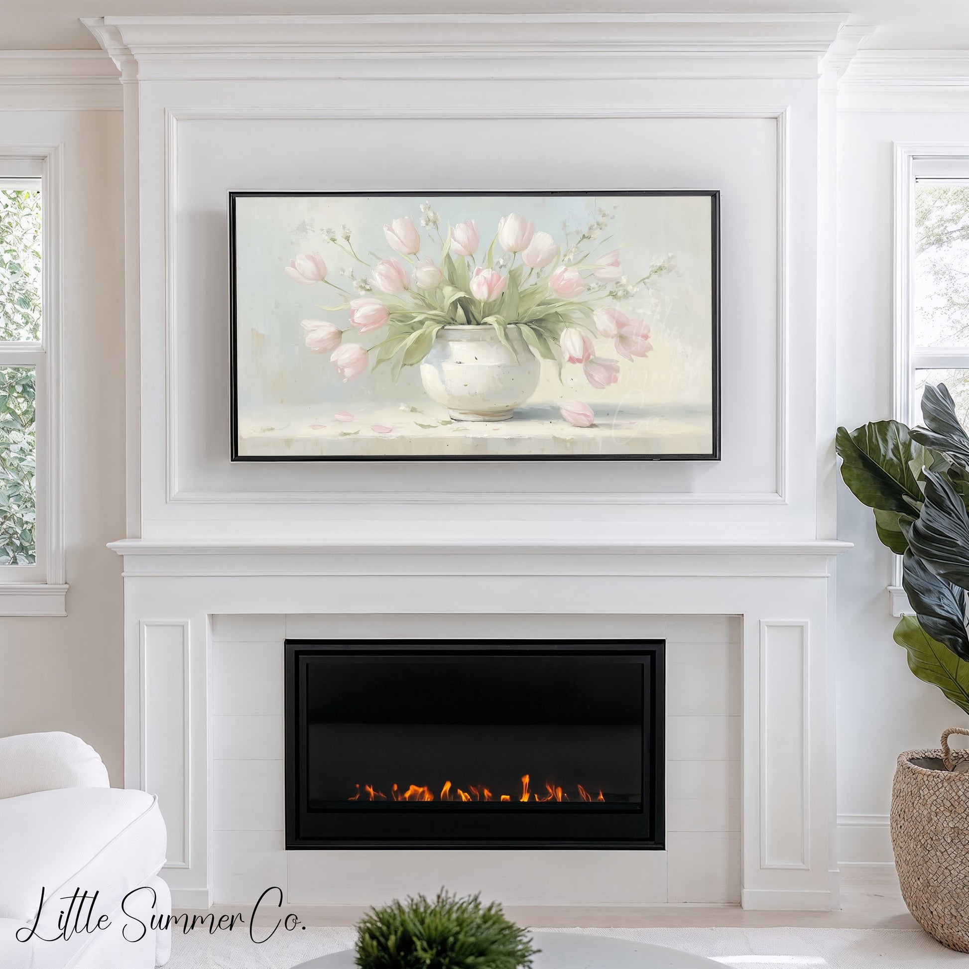 Pink Tulips in White Vase Frame TV Art displayed on a TV