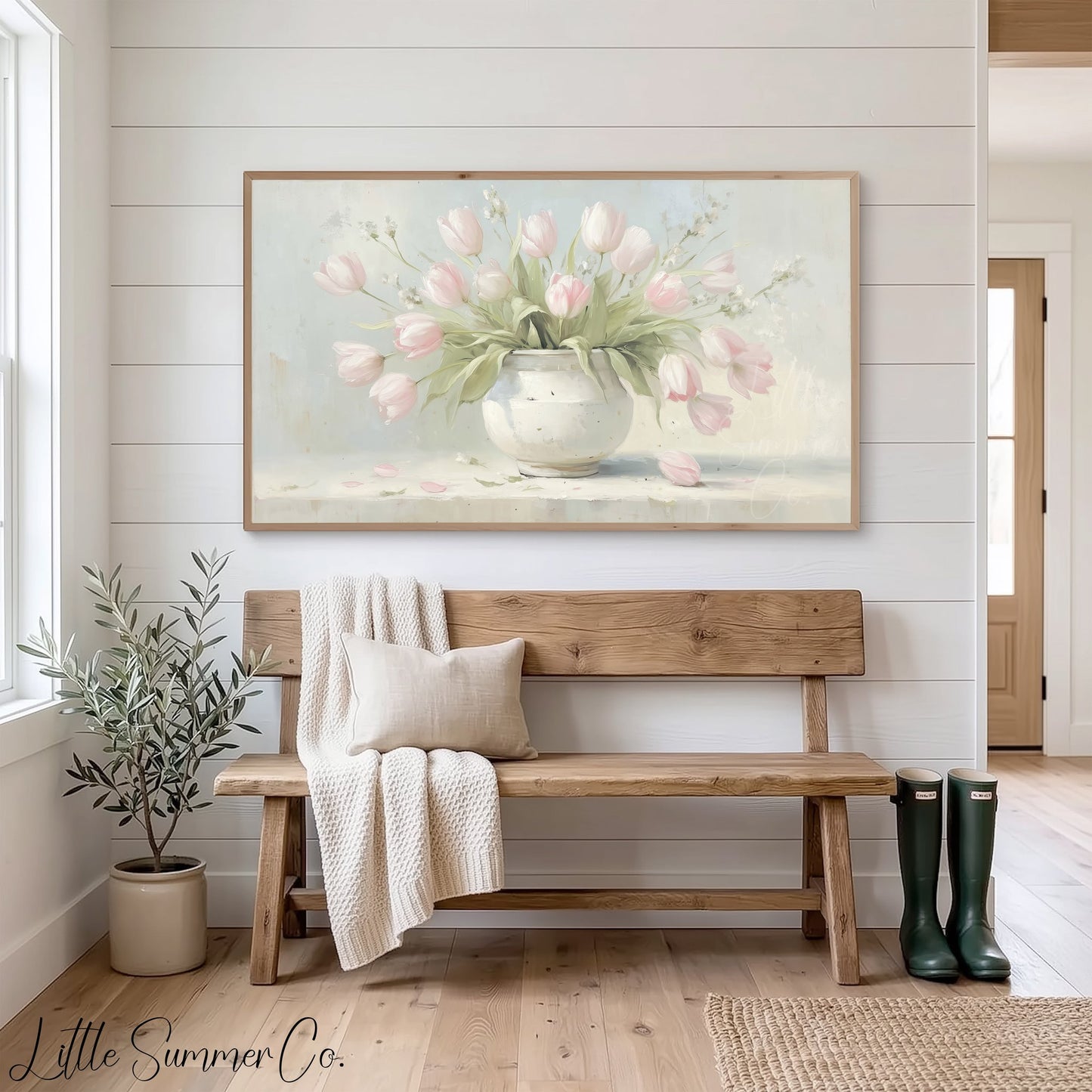 Pink Tulips in White Vase Frame TV Art displayed on a TV