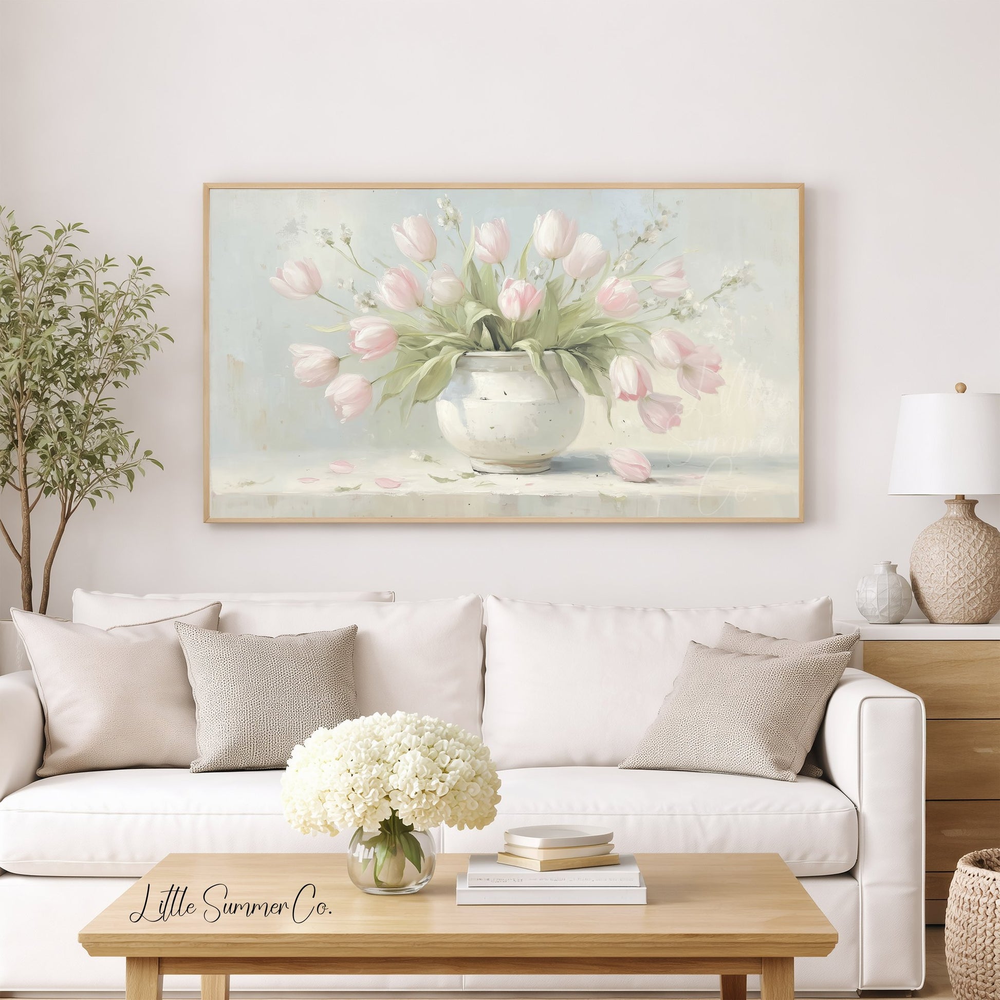 Pink Tulips in White Vase Frame TV Art displayed on a TV