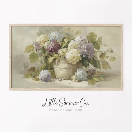 Hydrangeas in Rustic Pot Frame TV Art displayed on a TV