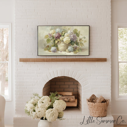 Hydrangeas in Rustic Pot Frame TV Art displayed on a TV