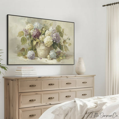 Hydrangeas in Rustic Pot Frame TV Art displayed on a TV