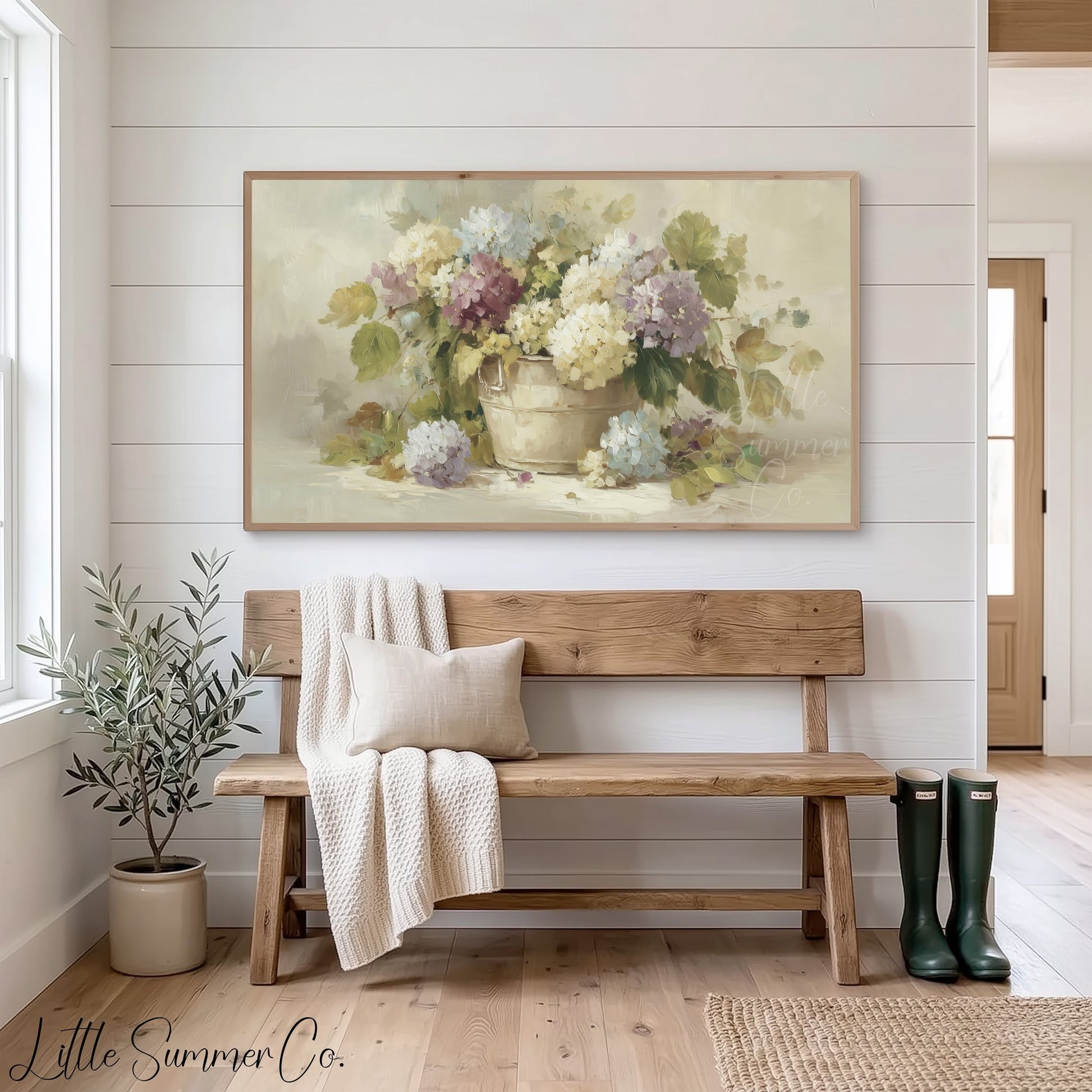Hydrangeas in Rustic Pot Frame TV Art displayed on a TV
