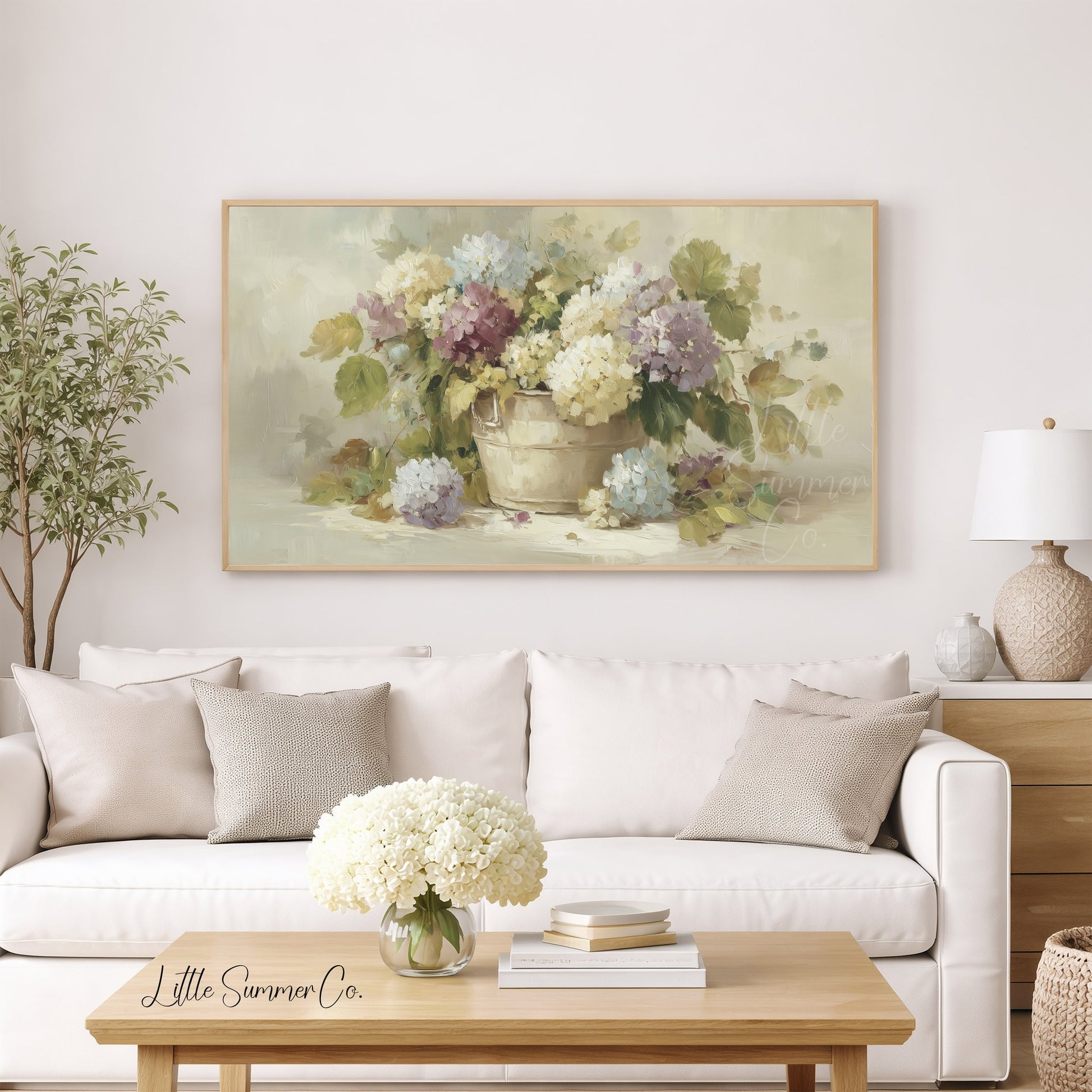 Hydrangeas in Rustic Pot Frame TV Art displayed on a TV