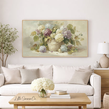Hydrangeas in Rustic Pot Frame TV Art displayed on a TV