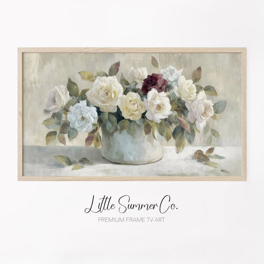 Mixed Roses in Pot Frame TV Art displayed on a TV
