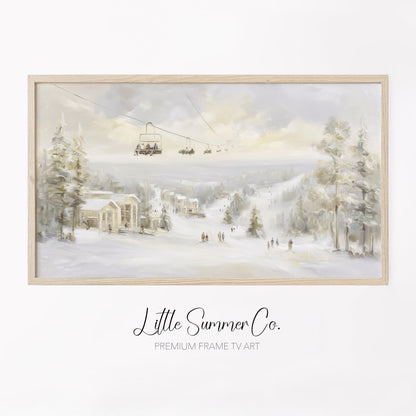 Ski Resort Winter Scene Frame TV Art displayed on a TV