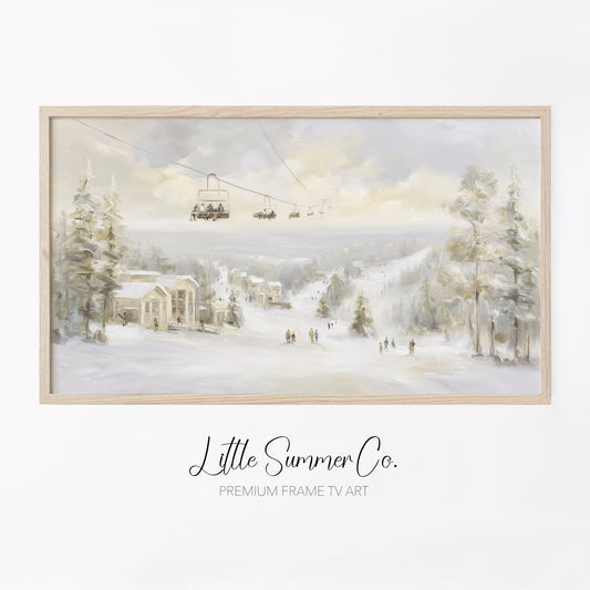 Ski Resort Winter Scene Frame TV Art displayed on a TV