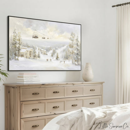 Ski Resort Winter Scene Frame TV Art displayed on a TV