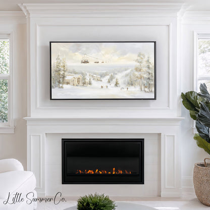 Ski Resort Winter Scene Frame TV Art displayed on a TV