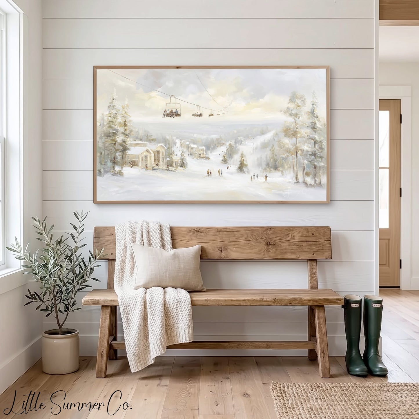 Ski Resort Winter Scene Frame TV Art displayed on a TV