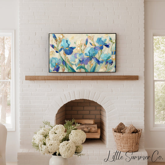 Blue Irises Frame TV Art displayed on a TV