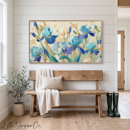 Blue Irises Frame TV Art displayed on a TV