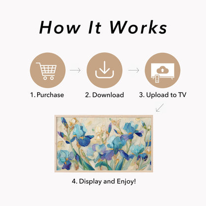 Blue Irises Frame TV Art displayed on a TV
