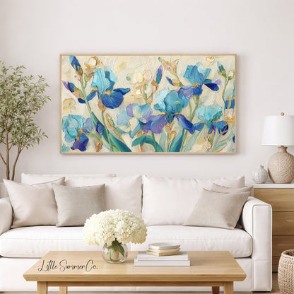 Blue Irises Frame TV Art displayed on a TV