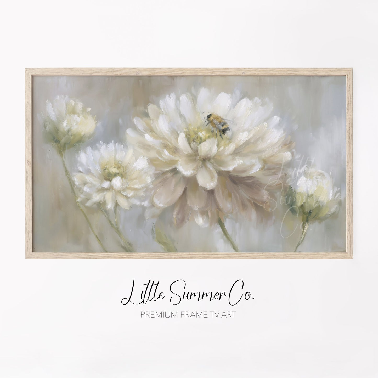 Bee on White Dahlia Frame TV Art displayed on a TV