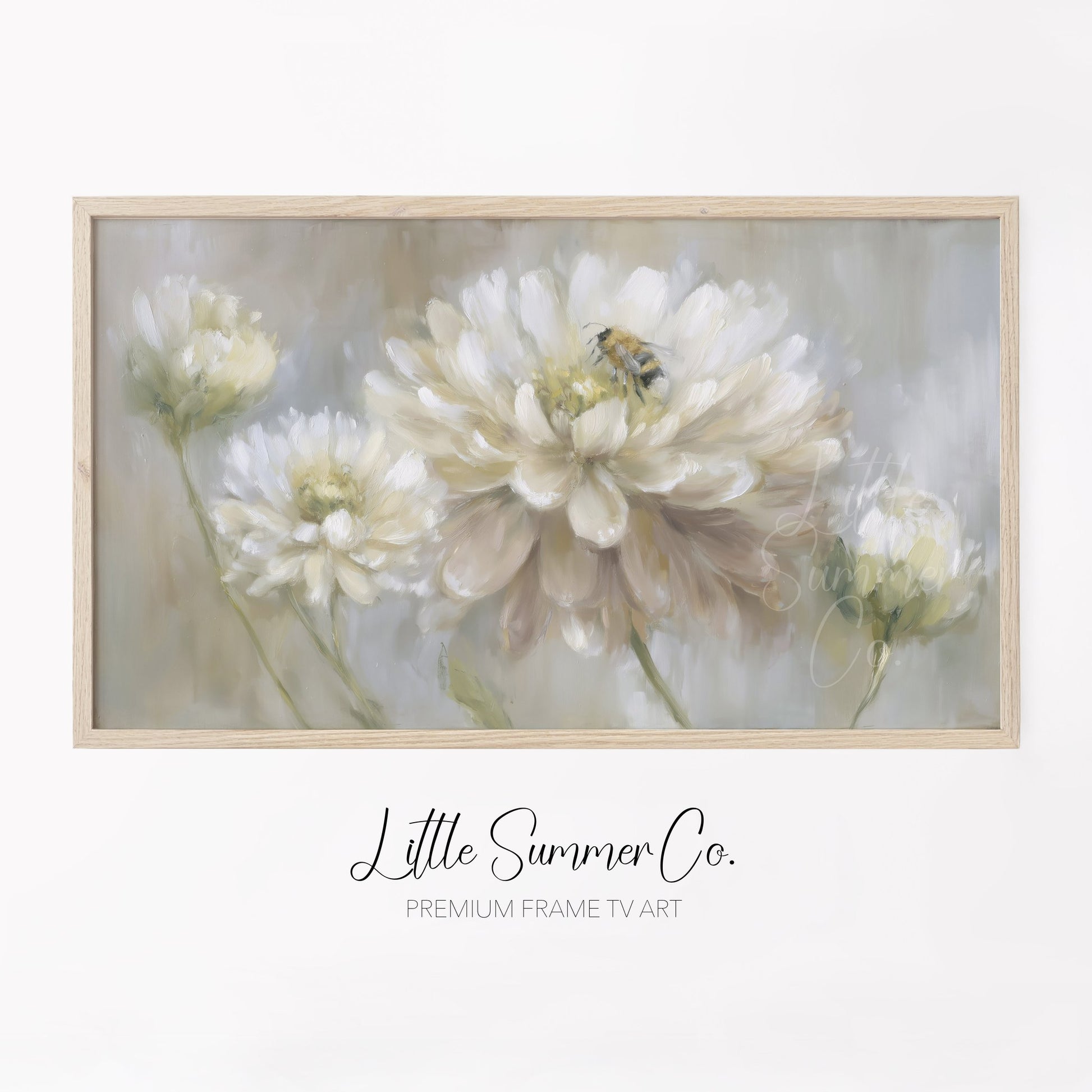 Bee on White Dahlia Frame TV Art displayed on a TV