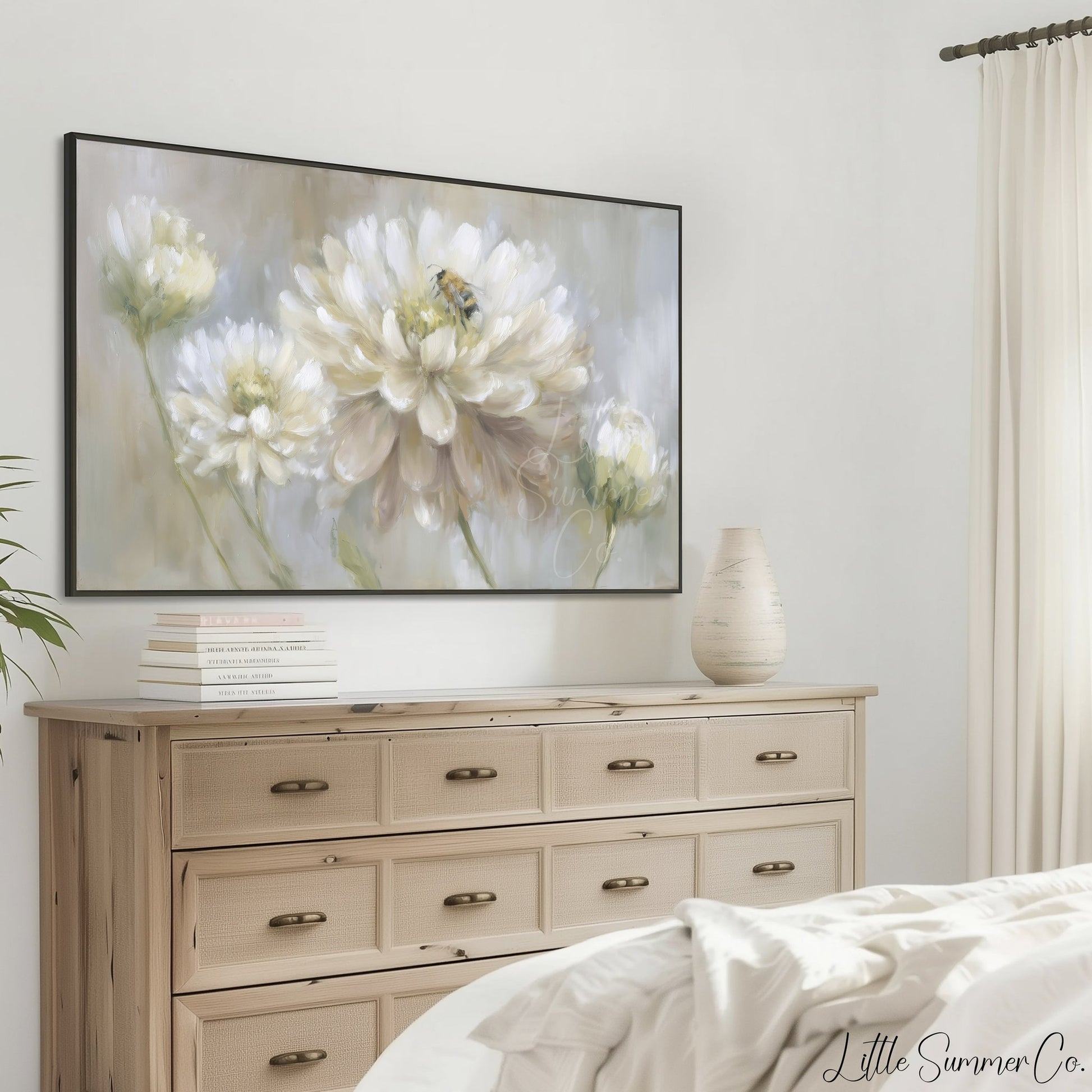 Bee on White Dahlia Frame TV Art displayed on a TV