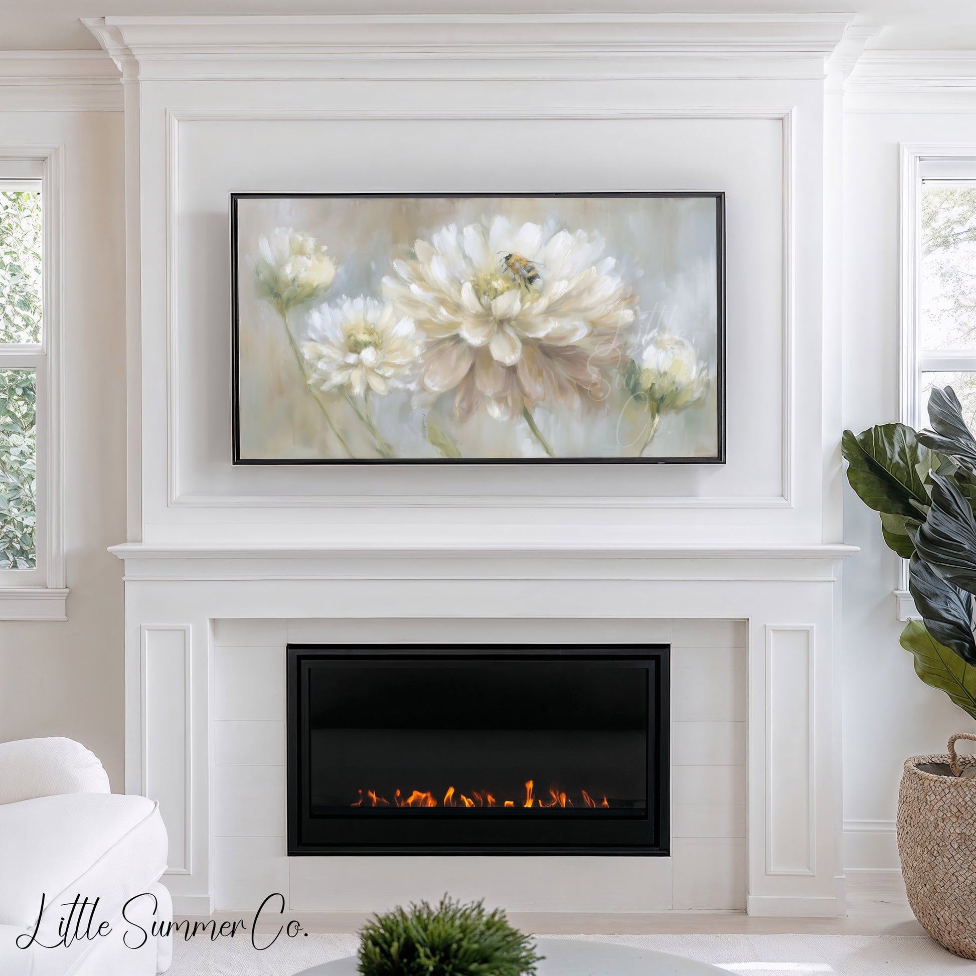 Bee on White Dahlia Frame TV Art displayed on a TV
