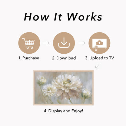 Bee on White Dahlia Frame TV Art displayed on a TV