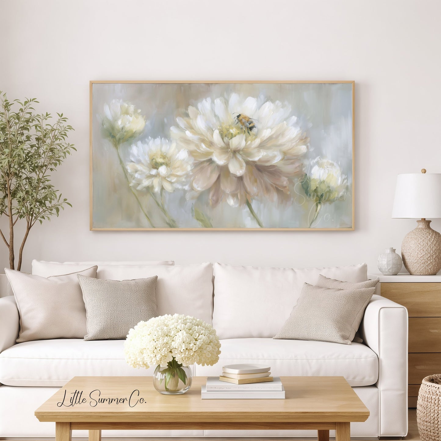 Bee on White Dahlia Frame TV Art displayed on a TV