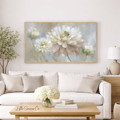 Bee on White Dahlia Frame TV Art displayed on a TV
