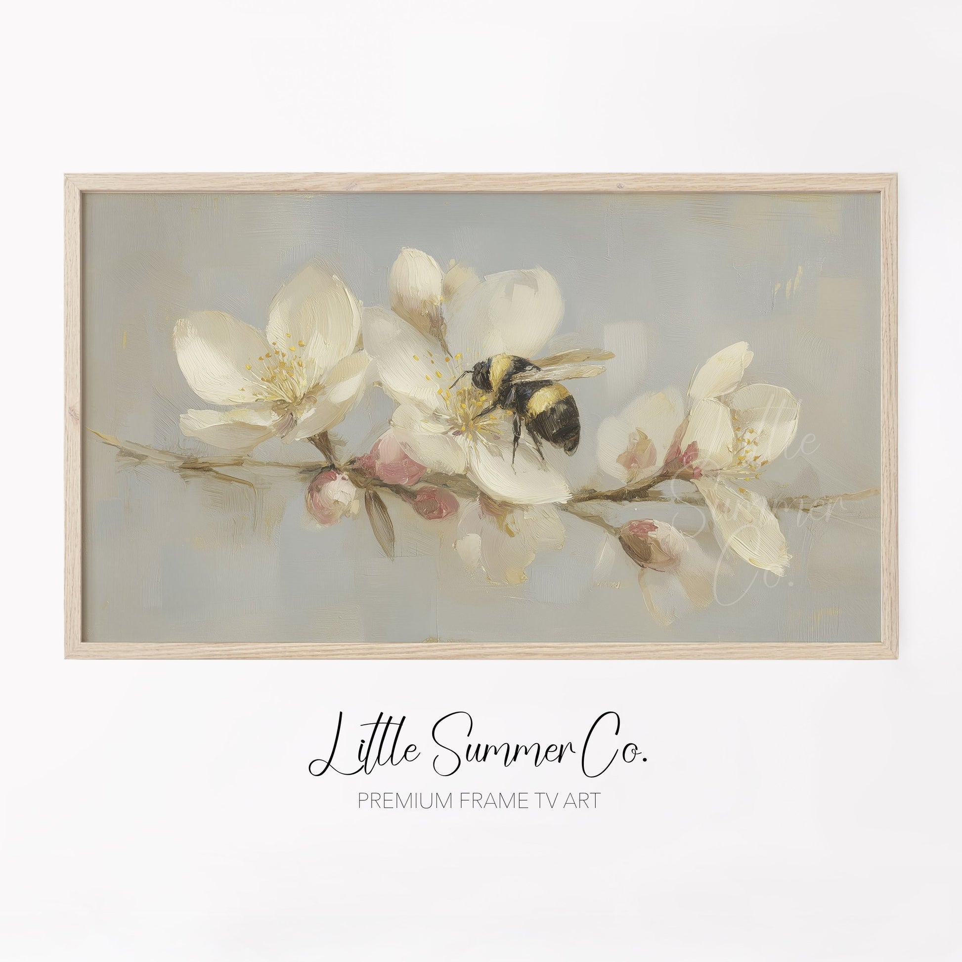 Bumblebee on Blossom Branch Frame TV Art displayed on a TV