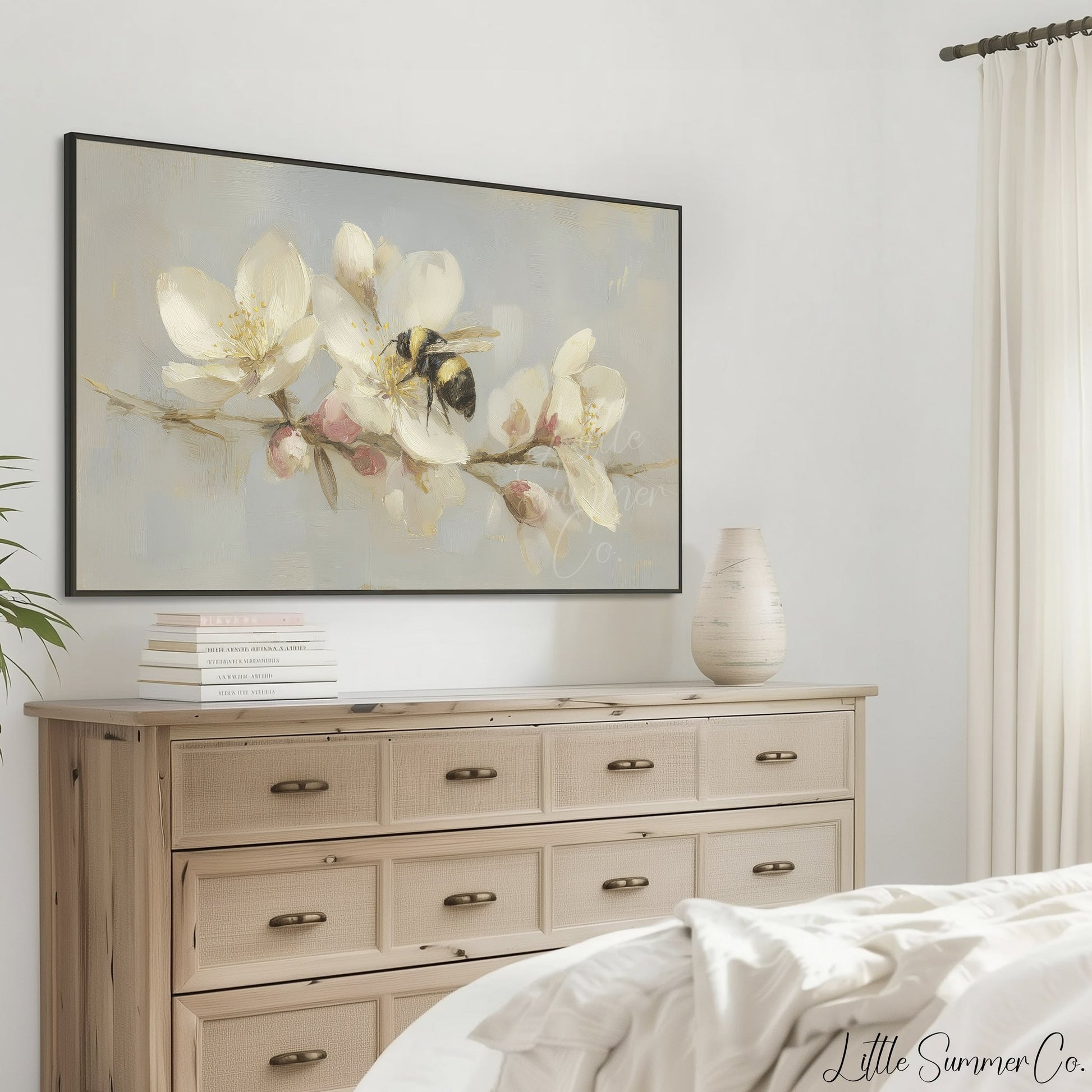 Bumblebee on Blossom Branch Frame TV Art displayed on a TV