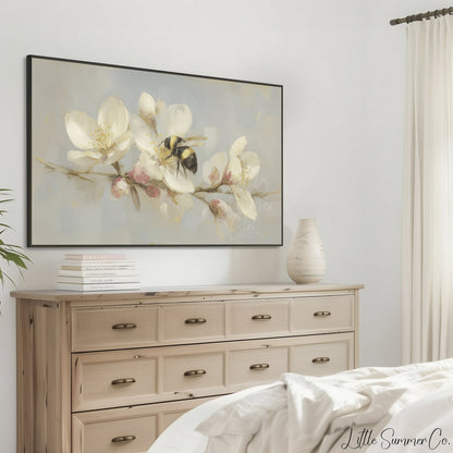 Bumblebee on Blossom Branch Frame TV Art displayed on a TV