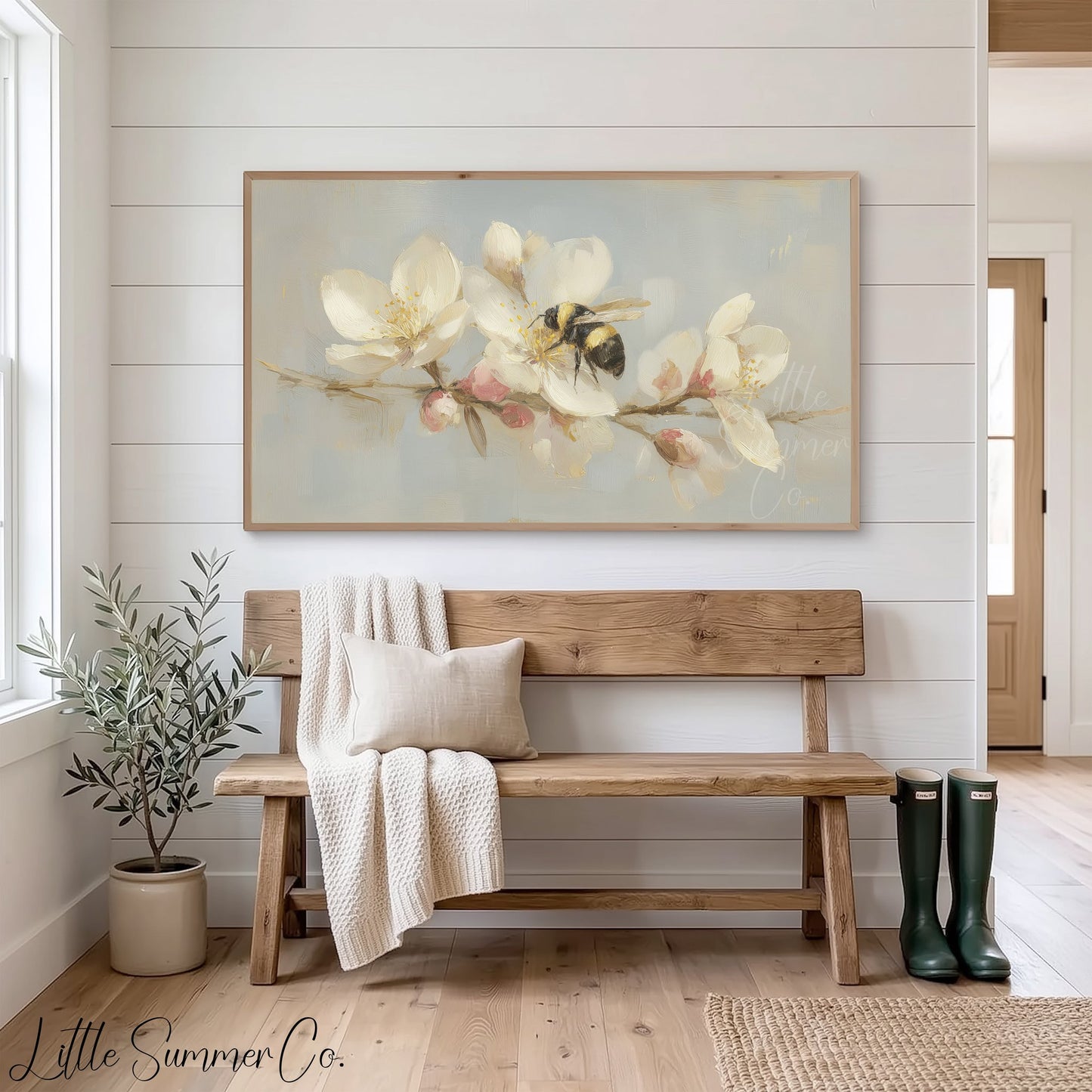 Bumblebee on Blossom Branch Frame TV Art displayed on a TV