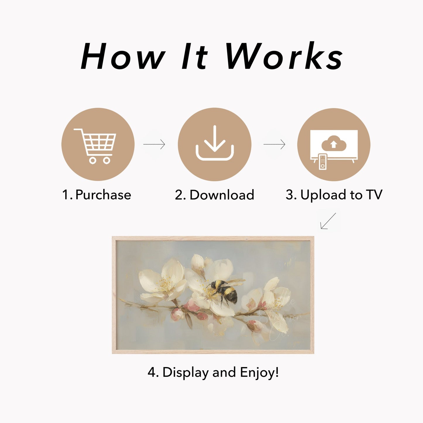 Bumblebee on Blossom Branch Frame TV Art displayed on a TV
