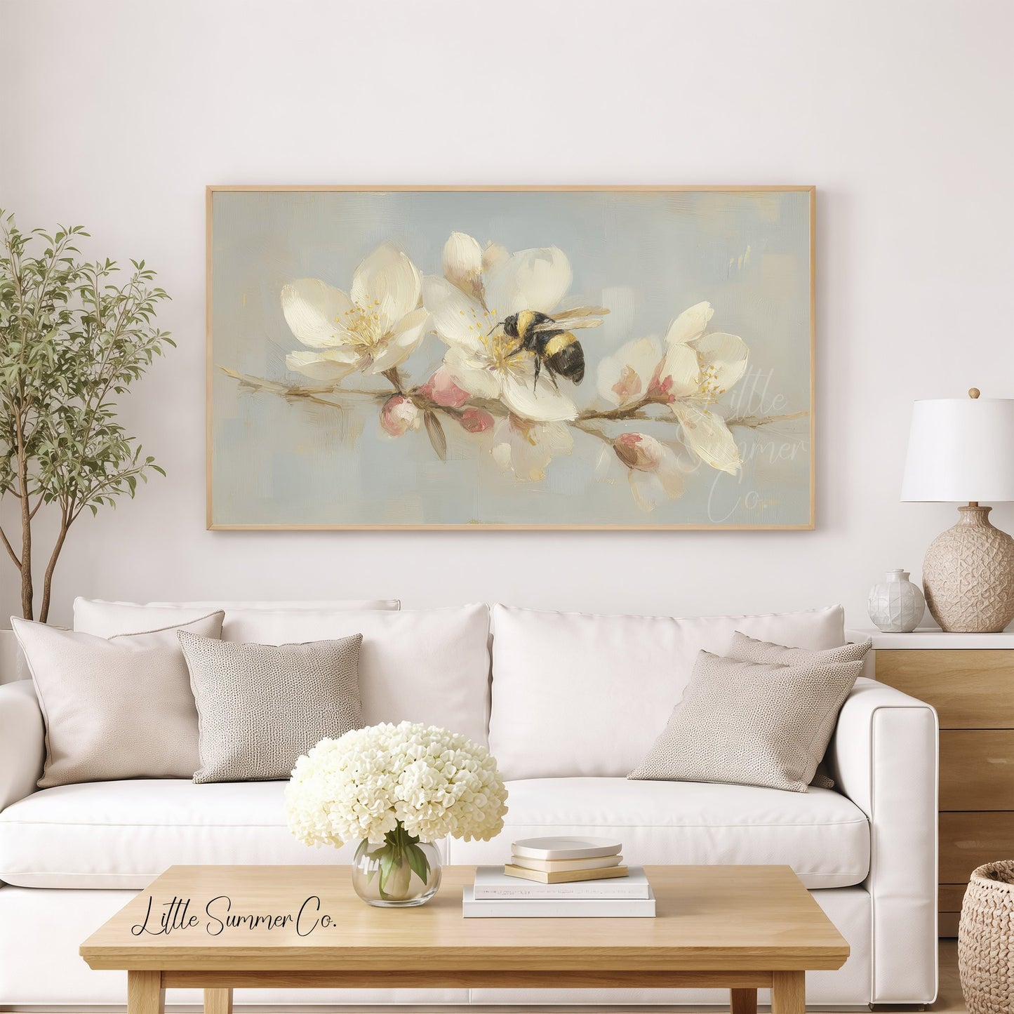 Bumblebee on Blossom Branch Frame TV Art displayed on a TV