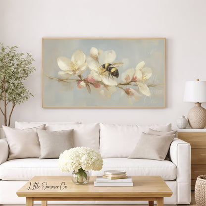 Bumblebee on Blossom Branch Frame TV Art displayed on a TV